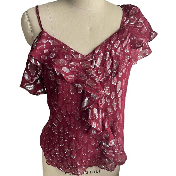 Veronica Beard Benton Leopard Burgundy & Silver Ruffle Top Blouse Size 4 - Picture 3 of 8